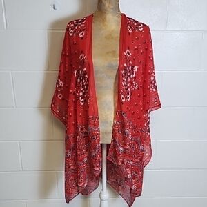 Chic Red Navy White Floral Kimono Coverup Tunic OSFA Bandana Print